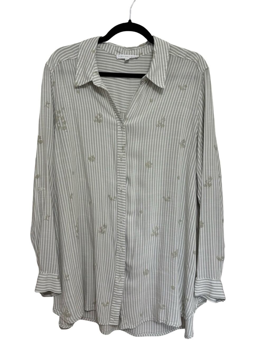 Jane + Delancey Green and White Stripe & 3D Velvet Floral Button Down - Size 1X